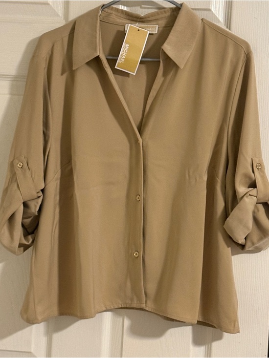 Michael Kors Tops - MICHAEL Michael Kors Beige Button-Front Roll-Sleeve Blouse